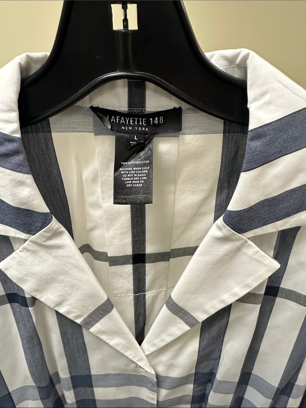 Lafayette 148 New York White and Navy Plaid Button-Front Shirt - Picture 2 of 3